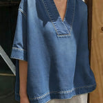 Women's V-neck Short-sleeved Loose-fitting Casual Denim Top
