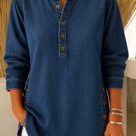 Women's V-neck Long-sleeved Casual Button-up Loose Denim Top