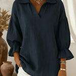 Retro Cozy Polo Collar Lantern Sleeve Linen Shirt Top