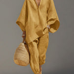 Women's Solid Color V-neck Long Sleeve Casual Loose Cotton Linen Top With Elastic Waist And Wide-leg Pants Set