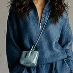 Casual Denim Stand-collar Zip-up Top And Skirt Two-piece Set
