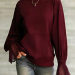 Women's Solid Color Round Neck Long-sleeved Casual Loose Sweatshirt With Mesh Paneling.