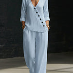 Minimalist V-neck Shirt And Wide-leg Pants Two-piece Set