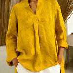 Women's Solid Color V-neck Long Sleeve Casual Loose Cotton Top