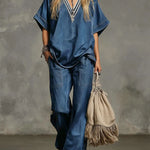 Women's V-neck Short-sleeved Casual Loose Top And High-waisted Casual Loose Wide-leg Denim Pants Set.