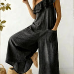 Women's Casual Off-the-shoulder Ruffled Denim Cotton Jumpsuit