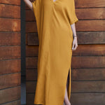 Women's Solid Color V-neck 3/4 Sleeve Casual Loose Cotton And Linen Dress