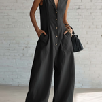 Elegant Lapel Button-up Loose-fitting Linen Jumpsuit