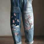 Women's Vintage Floral Pattern Art Print Casual Cotton Denim Jeans