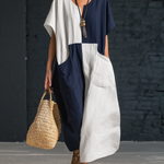 Stylish Color-blocked Loose-fitting Linen-cotton Midi Dress