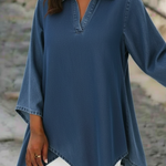 Elegant Polo Collar Irregular Hem Denim Shirt Top