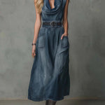 Women's Sleeveless Casual Loose Denim Dress With A Ruffled Neckline