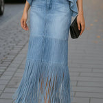 Women's Stylish Sleeveless Top Fringe Skirt Denim Suits