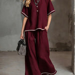 Women's Round-neck Short-sleeved Casual Loose Top And High-waisted Loose Wide-leg Pants Cotton And Linen Set.