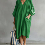 Long-sleeved Linen And Cotton Dress With Printed Cuffs And V-neck.