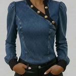 Women's Stand Collar Long Sleeve Casual Slim Fit Denim Top