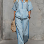 Women's V-neck 3/4 Sleeve Casual Loose Cotton And Linen Top And Elastic Waist Casual Loose Wide-leg Pants Cotton And Linen Set.