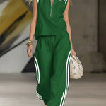 Women's Casual Patchwork Striped Zip-up Top And Pants Two-piece Set