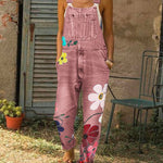 Women's Vintage Floral Art Print Casual Cotton Vest And Denim Jumpsuit