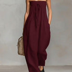 Women's Solid Color Strapless Casual Loose Cotton And Linen Jumpsuit