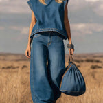 Women's Stand-collar Sleeveless Casual Loose Top And High-waisted Loose Wide-leg Denim Pants Set.