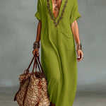 Loose-fitting V-neck Linen And Cotton Dress