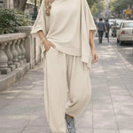 Women's Solid Color Stand-collar 3/4 Sleeve Casual Loose Knit Top And High-waisted Casual Loose Wide-leg Pants Set.