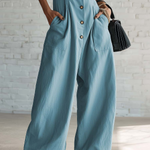 Elegant Lapel Button-up Loose-fitting Linen Jumpsuit