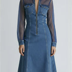 A Stylish Denim Dress With Mesh Sleeve Paneling.
