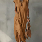 Elegant Ruff Collar Fashion Linen Cotton Midi Dress