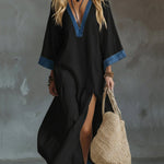 Loose And Cozy Patchwork Denim Dress With Contrasting Trim.