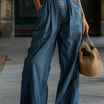 Women's V-Neck Retro Belt Wide-Leg Casual Denim Jumpsuit