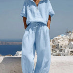 Women's Solid Color Hooded Short-sleeved Pullover Top And Elastic Waist Loose Wide-leg Pants Cotton And Linen Set.