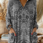 Women's Retro Print V-neck Long Sleeve Casual Loose Cotton Top