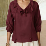 Women's Solid Color Ruffle V-neck 3/4 Sleeve Casual Loose Cotton And Linen Top