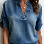 Casual V-neck Petal Sleeves Denim Blouse