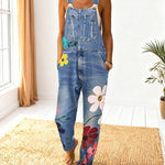 Women's Vintage Floral Art Print Casual Cotton Vest And Denim Jumpsuit