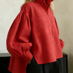 Elegant Stand-collar Puff-sleeved Cotton Shirt