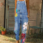 Women's Vintage Floral Art Print Casual Cotton Vest And Denim Jumpsuit