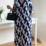 Elegant Art Print Color Block Trim V-neck Midi Dress