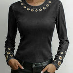 Women's Round Neck Long Sleeve Faux Denim Stretch Casual Loose Denim Top