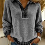 Women's Plaid Color-blocked Cardigan Collar Long-sleeved Casual Loose Sweatshirt