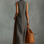 Fashionable Color-blocked Linen-cotton Maxi Dress