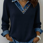 Casual Patchwork Denim Knit Top