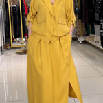 Women's Solid Color Lapel Long-sleeved Casual Loose Cotton And Linen Top And Elastic Waist Casual Loose Cotton And Linen Skirt Set.