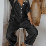 Women's Round Neck Short-sleeved Casual Loose Denim Wide-leg Jumpsuit