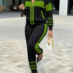 Women's Color Block Stand Collar Long Sleeve Casual Loose Knit Cardigan Top And Elastic Waist Casual Pants Set