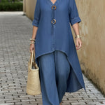 Casual Denim Button Details Top And Wide-leg Pants Two-piece Set