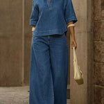 Women's Casual 100% Cotton Denim Top And Wide-leg Pants Two-piece Set