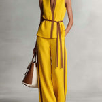 Women's V-neck Sleeveless Casual Loose Cotton Top And High-waisted Casual Loose Wide-leg Cotton Suit